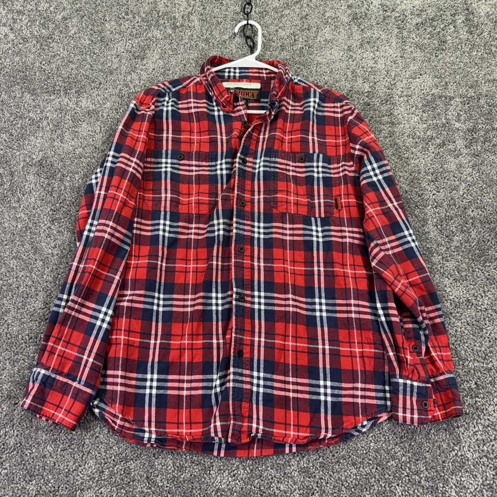 Rocky Shirt Mens Large Red Plaid Flannel Long Sleeve Button Up Pockets Casual